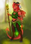 4_breasts 5_fingers anthro biped blurred_background breasts clothed clothing detailed_background druid female fingers fully_clothed grass green_eyes hair hooves magic_user multi_breast non-mammal_breasts plant red_body red_hair red_skin smile solo standing teeth tribal_spellcaster lycangel graith amadis_latayake demon fish marine shark 2018 hi_res herm_(lore)