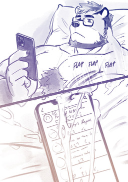 anthro beard bodily_fluids cellphone chest_tuft cum cum_on_phone cum_strand electronics eyewear eyewear_only facial_hair genital_fluids glasses glasses_only holding_cellphone holding_object holding_phone looking_at_cellphone looking_at_object looking_at_phone lying male muscular muscular_anthro muscular_male nude obscured_masturbation on_back onomatopoeia pecs phone pillow smartphone solo sound_effects sweat text tuft wearing_glasses hikoero777 bear mammal absurd_res hi_res
