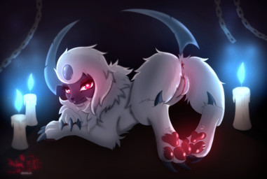 anus blue_fire butt candle chain claws colored_fire feet female feral fire foot_fetish foot_focus forehead_gem fur gem genitals humanoid_genitalia humanoid_genitalia_on_feral humanoid_vulva humanoid_vulva_on_feral looking_at_viewer lying on_front pawpads paws quadruped rear_view red_eyes solo tail vulva white_body white_fur astralia_(art) nintendo pokemon absol generation_3_pokemon pokemon_(species) absurd_res hi_res watermark