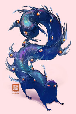 20_wings 4_toes alternate_form ambiguous_gender angry anisodactyl big_tail blue_body blue_feathers blue_fur claws digitigrade eyes_on_wings feathered_wings feathers feet feral fur furless_feet huge_tail hyper hyper_tail iridescent_fur long_body long_tail looking_at_viewer mouthless multi_eye multi_wing orange_eyes pose quadruped raised_tail shadow simple_background small_wings solo standing tail tail_support tail_wings tan_background text thick_tail toes unusual_anatomy unusual_eye_placement unusual_tail unusual_wing_placement unusual_wings wings yuumei witch_hat_atelier brushbuddy_(witch_hat_atelier) angel eldritch_abomination mammal monster mustelid 2026 2:3 colored_sketch digital_drawing_(artwork) digital_media_(artwork) full-length_portrait hi_res portrait shaded signature sketch url