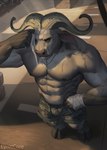 abs anthro bottomwear bulge clothed clothing cloven_hooves fur grey_body grey_fur hand_wraps high-angle_view hooves horn jewelry male muscular muscular_anthro muscular_male necklace nipples partially_clothed pecs shorts solo topless wiping_sweat wraps lynncore disney zootopia chief_bogo bovid bovine cape_buffalo mammal 2023 hi_res