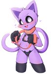 anthro canid canine canis catnap_(poppy_playtime) cheesefries clothing domestic_cat felid feline felis fur gloves handwear hi_res jewelry legwear male mammal necklace open_mouth panties poppy_playtime purple_body purple_fur smile smiling_critters solo tail tights underwear