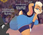 anthro bent_over blue_eyes breasts breath buckteeth butt_sniffing clothing crouching dialogue duo english_text fart feces feces_bulge female fur hand_on_hip hi_res humiliation lagomorph leporid lola_bunny looking_back looney_tunes mammal orange_body orange_fur panting ponytail_ears pooping pooping_on_self public public_humiliation rabbit scatplay shart simple_background sniffing soiling soiling_bottomwear soiling_shorts soiling_underwear solo sportswear squatting_position talking_to_another teasyrat teeth text uniform warner_brothers