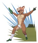 animal_genitalia anthro attack ball ballbusting balls big_balls clothing cock_and_ball_torture crotch_attack fingerless_gloves flaccid foam_finger footwear genital_torture genitals gloves handwear lemon_testicles male mascot mostly_nude muscular open_mouth outside pain penis rugby rugby_ball socks solo surprise 9x9 deer mammal hi_res