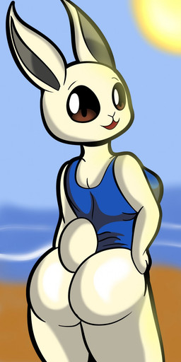 anthro beach big_breasts big_butt breasts brown_eyes butt clothed clothing female fur hand_on_hip looking_at_viewer looking_back one-piece_swimsuit open_mouth outside seaside smile solo standing sun swimwear thick_thighs white_body white_fur wide_hips someth1ngoranother beastars haru_(beastars) domestic_rabbit dwarf_rabbit lagomorph leporid mammal oryctolagus rabbit hi_res