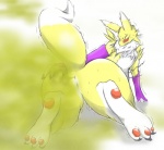 anthro anus blush butt clenched_teeth eyes_closed fart fart_fetish feet female fur genitals hindpaw hyper hyper_fart pawpads paws pussy raised_tail soles solo tail teeth toes white_body white_fur yellow_body yellow_fur fard bandai_namco digimon canid canine digimon_(species) mammal renamon