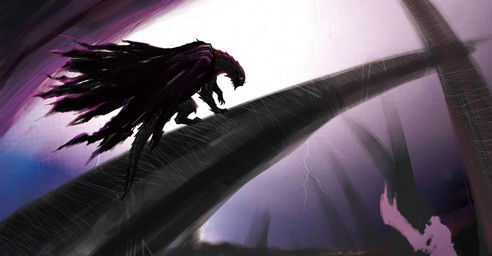 ambiguous_gender black_body black_scales claws clothing coat darkness duo eyeless feral scales simple_background tail topwear wings unknown_artist capcom monster_hunter mythology demi_elder dragon gore_magala human mammal mythological_creature mythological_scalie reptile scalie concept_art hi_res official_art source_request