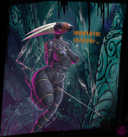 bdsm big_breasts big_butt blindfold bondage bound breasts butt crotch_tuft curved_horn curvy_figure detailed_background dialogue embarrased_female embarrased_horny embarrassed female gag gagged gagged_talk horn horn_bondage latex latex_hood melee_weapon muscular muscular_female muzzle_(object) muzzled nipple_piercing nipples peril permanent_bondage piercing predicament predicament_bondage questionable_consent restraints reverse_prayer rope rope_bondage rope_harness solo suspension suspension_bondage sword thick_thighs tuft weapon wide_hips maya_bladewing_(artist) hollow_knight_(franchise) team_cherry hornet_(hollow_knight) arthropod insect hi_res painting_(artwork)