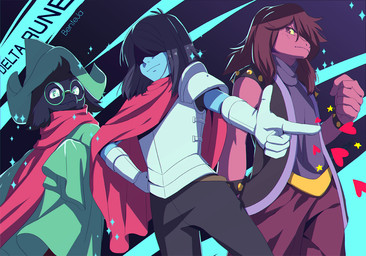 ambiguous_gender ambiguous_human armor black_body black_fur clothing eyewear femboy fur glasses group hat headgear headwear heart_symbol scarf text bente36 deltarune undertale_(series) kris_dreemurr ralsei susie_(deltarune) bovid caprine darkner goat human lightner mammal reptile scalie 2018 digital_media_(artwork) english_text
