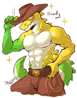 abs adjusting_hat anthro belt blush bottomwear brown_bottomwear brown_clothing brown_pants candy clothed clothing cowboy_hat deltoids dessert empty_eyes food green_body greeting hand_on_hip hat headgear headwear male muscular muscular_anthro muscular_arms muscular_male neck_ridge pants pecs rope simple_background solo sparkles tail tail_ridge talking_to_viewer text topless topless_anthro topless_male white_background white_body yellow_body draxley glitch_productions the_amazing_digital_circus gummigoo_(tadc) crocodile crocodilian food_creature living_candy reptile scalie 2024 digital_media_(artwork) english_text hi_res portrait signature three-quarter_portrait