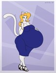 anthro belly big_belly big_breasts blonde_hair blue_clothing blue_dress blue_eyes bracelet breasts butt clothed clothing copyright_symbol dress female footwear fur hair high_heels jewelry pregnant shoes solo symbol thick_thighs white_body white_fur satsumalord bianca_(satsumalord) domestic_cat felid feline felis mammal 2024 digital_media_(artwork) hi_res