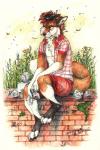 ambiguous_gender anthro barefoot black_nose brown_body brown_fur day digitigrade duo feet feral fur grass male nesting outside plant white_body white_fur fuckie avian bird canid canine fox mammal red_fox true_fox 2017 traditional_media_(artwork)