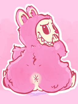 anus bodily_fluids covering covering_mouth female fur genital_fluids genitals pink_body pink_fur pink_nose presenting presenting_anus presenting_vulva sharp_teeth sitting sitting_on_ground smug solo teeth vaginal_fluids vulva anonymous_artist pop_mart the_monsters_(kasing_lung) humanoid labubu monster absurd_res hi_res