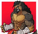 anthro bandage bandaged_arm black_hair claws fangs fur furry_chest hair male muscular muscular_anthro muscular_male red_background simple_background solo teeth yellow_eyes dynogreeno canid canine canis mammal wolf absurd_res hi_res