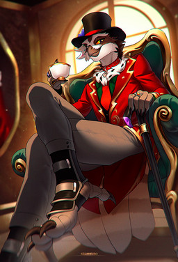 accessory anthro cane chair claws clothing coat collar container cup feathers feet flower food furniture happy hat headgear headwear jewelry male necktie plant relaxing ring sitting smile smirk solo suit tail tailcoat talons tea_cup toes topwear window kiliankuro ceilo_(wafflezcol) avian bird food_creature owl pulsatrix spectacled_owl true_owl