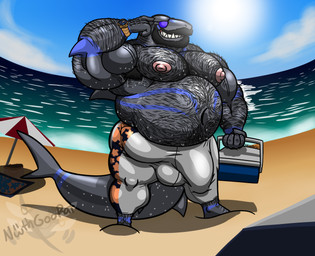 2_penises anthro arm_hair armpit_hair barazoku beach beard belly belly_hair big_belly big_muscles big_pecs bodily_fluids body_hair bottomwear bulge chest_hair clock clothed clothing detailed_bulge eyewear facial_hair fangs fin genitals holding_object huge_pecs leg_hair male multi_genitalia multi_penis musclegut muscular muscular_arms muscular_male navel nipples overweight overweight_male pants pecs penis smile solo standing sunglasses sweat tail tail_fin tattoo teeth topless umbrella watch water nethgoorat neth_rusiki_azhti aquatic fish shark absurd_res hi_res