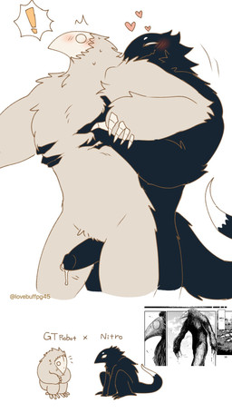 anthro anthro_on_anthro aroused black_body black_fur blush bodily_fluids chest_grab circle_eyes cum cum_drip dipstick_tail dripping duo empty_eyes erection exclamation_point from_behind_position fur genital_fluids genitals grey_body grey_fur grinding heart_symbol hearts_around_head imminent_sex male markings muscular muscular_anthro muscular_male narrowed_eyes penis sex simple_background smile surprised sweat tail tail_markings text white_background white_eyes lovebuffpg45 toriko_(series) gt_robo avian nitro_(toriko) robot_anthro 9:16 artist_name hi_res reference_image