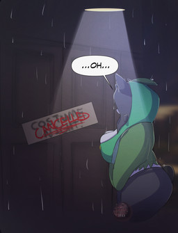 anthro big_breasts big_butt bottomless breasts butt cleavage clothed clothing cosplay costume dialogue door female outside pokemon_costume raining round_tail sign solo text thick_thighs year lunarclaws nintendo pokemon maeve_(lunarclaws) bear generation_9_pokemon giant_panda legendary_pokemon mammal ogerpon pokemon_(species) 2023 absurd_res english_text hi_res watermark