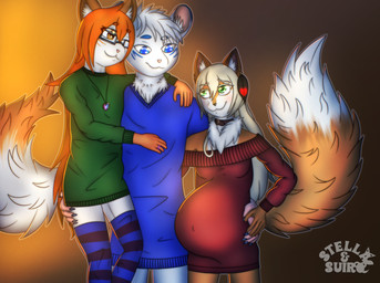 age_difference anthro big_tail blonde_hair blue_clothing blue_eyes blue_footwear blue_markings blue_socks blue_sweater blue_topwear brown_ears buckled_collar carrying_another chest_tuft claws clothing collar digit_ring ear_markings eyewear facial_markings family feather_accessory female finger_claws footwear fur glasses green_clothing green_eyes green_sweater green_topwear group hair head_markings huge_tail inner_ear_fluff jewelry legwear long_hair looking_at_another male markings multicolored_body necklace older_male orange_body orange_eyes orange_fur orange_hair orange_markings orange_tail pattern_clothing pattern_footwear pattern_legwear pattern_socks pregnant purple_collar red_clothing red_sweater red_topwear ring short_hair simple_background smile socks striped_clothing striped_footwear striped_socks stripes sweater tail thigh_highs topwear trio tuft two_tone_body two_tone_tail wedding_ring white_body white_ears white_fur white_hair white_inner_ear_fluff white_tail young younger_female stellaamoris astra_(stellaamoris) stella_(stellaamoris) suiro_(character) canid canine fox mammal mouse murid murine rodent absurd_res digital_drawing_(artwork) digital_media_(artwork) hi_res daughter_(lore) father_(lore) father_and_child_(lore) father_and_daughter_(lore) mother_(lore) mother_and_child_(lore) mother_and_daughter_(lore) parent_(lore) parent_and_child_(lore) parent_and_daughter_(lore)