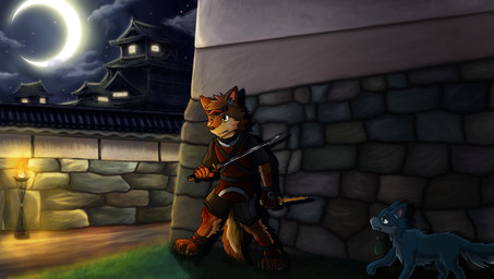 accessory anthro architecture blood blue_body blue_eyes blue_fur bodily_fluids castle clothing cloud dagger detailed_background duo east_asian_architecture feral fire footwear fur gloves grass handwear headband japanese_architecture light male melee_weapon moon night ninja outside pain plant sky sneaking standing star sword teeth warrior weapon wounded yellow_eyes quill-tail canid canine canis domestic_dog mammal wolf digital_media_(artwork) lighting