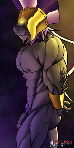 abs anthro armor flaccid genitals glowing glowing_eyes greek greek_armor headgear headgear_only helmet helmet_only male muscular nipples penis pubes solo iudicium86 bandai_namco digimon achillesmon digimon_(species) 1:2 hi_res