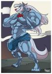 anthro balls big_balls big_muscles big_penis bottomwear bow_(feature) bow_tie bulge clothing genitals half-erect huge_muscles hyper hyper_muscles looking_at_viewer male muscular muscular_anthro muscular_male penis penis_base shorts smile solo torn_clothing vein veiny_penis furious_(artist) animaniacs warner_brothers wilford_wolf canid canine canis mammal wolf hi_res