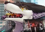 anthro black_body black_fur blurred_background bodily_fluids car city city_background detailed_background ear_piercing ear_ring exclamation_point extreme_size_difference eyewear female forked_tongue fur gesture glasses group hand_gesture imminent_vore inside_mouth macro male notched_ear piercing pointing relaxing ring_piercing saliva saliva_string sharp_teeth size_difference sunglasses teeth tongue vehicle white_body white_fur yellow_eyes allsonwa mythology vison_(allsonwa) canid canine canis domestic_cat dragon felid feline felis lagomorph leporid mammal mouse murid murine mythological_creature mythological_scalie rabbit rodent scalie wolf hi_res