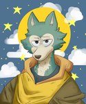 anthro black_clothing black_eyes black_shirt black_topwear brown_nose clothing cloud countershading fur green_body green_fur half-closed_eyes jacket male moon narrowed_eyes shirt solo star tan_body tan_countershading topwear yellow_clothing yellow_jacket_(clothing) yellow_topwear ccaimeo beastars legoshi_(beastars) canid canine canis mammal wolf 2020 hi_res