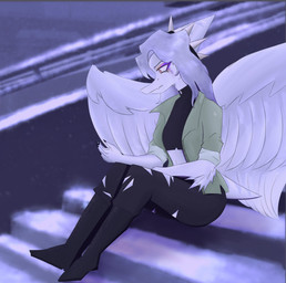 5_fingers amber_eyes anthro black_boots black_bottomwear black_clothing black_footwear black_pants bone_frill boots bottomwear claws clothing cosplay crossover_cosplay elbow_feathers eyelashes eyeliner feathered_wings feathers female finger_claws fingers footwear frill_(anatomy) green_clothing green_jacket green_topwear grey_body grey_hair grey_scales hair halter_top jacket long_hair makeup midriff pants scales shoes short_tail sitting snout solo tail topwear torn_bottomwear torn_clothing torn_pants wings autumnsnoise blade_runner_2049 cavemanon_studios goodbye_volcano_high ko_op_(game_developer) snoot_game anon_(snoot_game) fang_(gvh) prehistoric_species pterodactylus pterosaur reptile scalie 2024 crossover digital_drawing_(artwork) digital_media_(artwork) hi_res