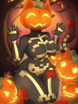 anthro autumn big_breasts black_body breasts claws female for_a_head forest forest_background kneeling nature nature_background plant pumpkin_head solo thick_thighs tree mittsu epic_games fortnite spice_(fortnite) domestic_cat felid feline felis mammal object_head 3:4 absurd_res hi_res