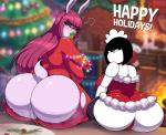 2019 absurd_res andro_juniarto android annoyed anthro back_boob bangs big_breasts big_butt black_eyes black_hair blunt_bangs blurred_background blush bob_cut breasts butt christmas christmas_lights christmas_tree clothed clothing cookie cross-popping_vein dress duo eating eating_food english_text eyelashes female food frown genitals gingerbread_cookie gingerbread_man hair heart_symbol hi_res holidays huge_butt humanoid lagomorph leporid long_hair looking_at_own_butt looking_back luna_bunn machine maidbot mammal minidress narrowed_eyes no_underwear panties pink_hair plant purple_body pussy rabbit rear_view red_eyes robot scut_tail shaking short_tail signature sitting skinsuit smile tail text thong tight_clothing torn_clothing torn_skinsuit tree trembling underbutt underwear wardrobe_malfunction white_body wide_hips