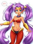 alternate_hairstyle blue_eyes blush breasts clothing crown female hair headgear humanoid_pointy_ears long_hair not_furry open_mouth pigtails pointy_ears purple_hair simple_background solo speech_bubble tiara white_background wata-ridley shantae_(series) wayforward shantae genie humanoid 2019 3:4 hi_res