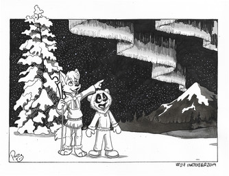 anthro aurora_(phenomenon) clothed clothing duo front_view glistening glistening_eyes holding_object holding_staff logo looking_up male mountain open_mouth open_smile outside smile snow staff standing star young young_anthro young_male pandapaco parinton bear canid canine giant_panda mammal 2019 artist_logo dated monochrome signature traditional_media_(artwork)