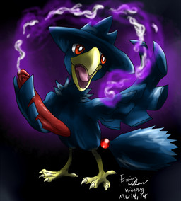 beak big_penis bodily_fluids cum erection feathered_wings feathers feral genital_fluids genitals humanoid_genitalia humanoid_penis long_penis male masturbation open_mouth orgasm penile penile_masturbation penis pose sex_magic solo tongue wings nidopug nintendo pokemon avian bird generation_2_pokemon murkrow pokemon_(species)