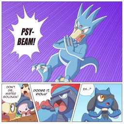 ambiguous_gender angry anthro battle blue_body blue_fur dialogue fur open_mouth red_eyes text ragster_(artist) nintendo pokemon canid canine carracosta fossil_pokemon furret generation_1_pokemon generation_2_pokemon generation_4_pokemon generation_5_pokemon golduck mammal pokemon_(species) reptile riolu scalie 1:1 comic digital_media_(artwork) english_text hi_res