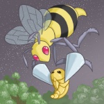 1:1 ambiguous_gender antennae_(anatomy) arthropod beedrill carrying_another chrysalis duo feral flying forest generation_1_pokemon hymenopteran insect insect_wings kakuna looking_up nintendo outside plant pokemon pokemon_(species) red_eyes simple_background star stinger stripes tree wings wooperworks