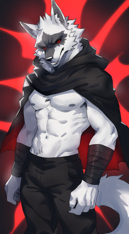 5_fingers abs anthro arm_wrapping arm_wraps athletic black_clothing bottomwear cheek_tuft claws cloak clothing facial_markings facial_tuft fingers fluffy fluffy_tail fur fuzzy grin head_markings head_tuft inner_ear_fluff looking_at_viewer male markings mask_(marking) narrowed_eyes navel neck_tuft nipples pants pointy_ears prick_ears red_background red_eyes simple_background smile solo standing tail teeth tuft white_body white_fur wrapped_arms wraps dogebois dreamworks puss_in_boots_(franchise) death_(puss_in_boots) canid canine canis mammal wolf hi_res
