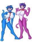 anthro blue_body blue_fur bow_(feature) bow_tie breasts cat_tail claws crossgender duo fangs female fur genitals hair machine necktie nipples purple_body purple_fur pussy simple_background teeth white_background unknown_artist fazbear_fanverse five_nights_at_candy's candy_(fnac) cindy_(fnac) animatronic felid mammal robot