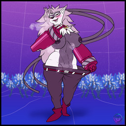 abs anthro belt big_breasts black_border blush bodily_fluids border bottomwear breasts butt clothing cybernetic_arm cybernetic_limb female fur genitals grey_body grey_fur hair mechanical_arm musk nipples pants red_eyes simple_background smile solo white_body white_fur osopolar-kun bandai_namco digimon digimon_beatbreak digimon_(species) wolvermon 1:1 digital_media_(artwork) hi_res