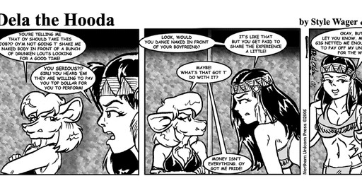 accessory angry anthro bikini breasts chest_tuft cleavage clothed clothed_female clothing dialogue duo feather_in_hair female fur hair hair_accessory leather leather_clothing looking_back loose_feather midriff native_american_clothing navel open_mouth swimwear text tuft two-piece_swimsuit style_wager dela_the_hooda edith_picadelly human mammal mouse murid murine rodent 2006 comic english_text greyscale monochrome