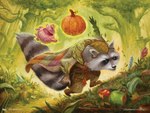 action_pose anthro apple bracelet cape cloak clothing copyright_symbol digging flower food fruit fur grass grey_body grey_fur hill jewelry leaf magic markings plant pose pumpkin striped_markings striped_tail stripes symbol tail tail_markings teapot text tree whiskers jeff_miracola hasbro magic:_the_gathering wizards_of_the_coast mammal procyonid raccoon 2024 artist_name official_art