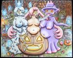 big_breasts breasts candy dessert female food genitals group holidays looking_at_viewer navel outside overweight pokemorph pussy tongue tongue_out mukucookie halloween nintendo pokemon generation_4_pokemon generation_5_pokemon generation_6_pokemon gourgeist humanoid litwick mismagius pokemon_(species) traditional_media_(artwork)