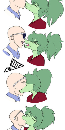 anthro bald blue_clothing blue_jacket blue_topwear canon_couple clothed clothed_anthro clothed_female clothed_human clothed_male clothing duo eyes_closed eyewear female female_anthro green_body green_hair hair happy human_on_anthro interspecies jacket kissing logo long_hair male male/female male_human open_mouth red_clothing red_shirt red_topwear romantic romantic_couple shirt side_view simple_background smile sunglasses text topwear white_background jacket_ignites cavemanon_studios i_wani_hug_that_gator inco_(iwhtg) olivia_halford baryonyx dinosaur human mammal prehistoric_species reptile saurischian scalie spinosaurid theropod artist_logo colored english_text hi_res sequence