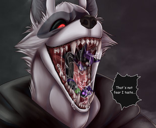 anthro black_body black_fur blue_nose blush bodily_fluids cloak clothing cosmic_hair drooling duo ethereal_hair fangs fur grey_body grey_fur imminent_vore male male/male mouth_shot multicolored_body open_mouth oral_vore purple_body purple_fur red_eyes sadistic_smile saliva simple_background smug_pred soft_vore sparkles speech_bubble swallowing teeth text tongue two_tone_body vore vore_tease white_body white_fur wristband y.kaila dreamworks puss_in_boots_(franchise) death_(puss_in_boots) kitsunaki canid canine canis fox mammal wolf 2023 bust_portrait hi_res portrait shaded