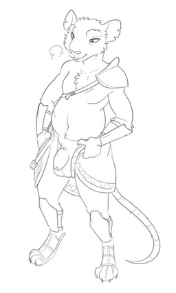 anthro armor balls belly bottomwear clothed clothing flaccid footwear foreskin fur genitals greaves humanoid_genitalia humanoid_penis male overweight overweight_anthro overweight_male partially_clothed pauldron penis plate_armor rat_tail sandals scar shoes simple_background skirt solo tail teeth unretracted_foreskin vambrace halbean kossas_(leinglo) mammal murid murine rat rodent 3:5 digital_media_(artwork) hi_res monochrome sketch