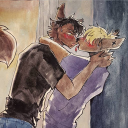 anthro black_clothing black_hair black_shirt black_t-shirt black_topwear blonde_hair blue_bottomwear blue_clothing blue_pants blush bottomwear brown_body brown_fur cheek_tuft clothed clothing duo ears_back facial_tuft fur hair hug imminent_kiss male male/male narrowed_eyes neck_tuft orange_eyes pants pivoted_ears purple_clothing purple_shirt purple_t-shirt purple_topwear red_tongue shirt short_hair side_view standing t-shirt tongue tongue_out topwear tuft unsigned akatan_art canid mammal 1:1 traditional_media_(artwork)