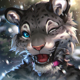 anthro blue_eyes collar detailed_background fangs fur one_eye_closed open_mouth pink_collar smile snow snowing solo spots teeth tongue whiskers wink reilukah nymera felid leopard mammal pantherine snow_leopard 1:1 2022 bust_portrait detailed digital_media_(artwork) digital_painting_(artwork) icon painting_(artwork) portrait