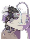 anthro armor black_armor chibi faucet headgear helmet male question_mark solo tongue tongue_out water gunka0111 elden_ring fromsoftware maliketh_(elden_ring) canid canine mammal