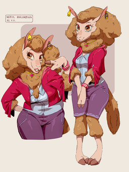anthro bottomwear bracelet clothing collared_shirt cropped_jacket dress_shirt ear_piercing ear_tag female fingers floppy_ears fluffy fluffy_tail fur hooved_fingers hooves horizontal_pupils jewelry neck_tuft piercing pupils shirt shorts simple_background snout solo tail thick_thighs topwear tuft yellow_body yellow_eyes yellow_fur ruffu meryl_(ruffu) bovid caprine domestic_sheep mammal merino_sheep sheep digital_drawing_(artwork) digital_media_(artwork)