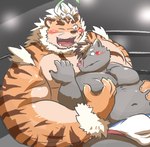 anthro belly blood blush bodily_fluids bulge clothing duo fighting_ring grope groping_from_behind humanoid_hands kemono male male/male moob_grab navel nosebleed one_eye_closed overweight overweight_male underwear wink hon55728 lifewonders tokyo_afterschool_summoners hombre_tigre_(tas) felid mammal pantherine tiger 2022 hi_res